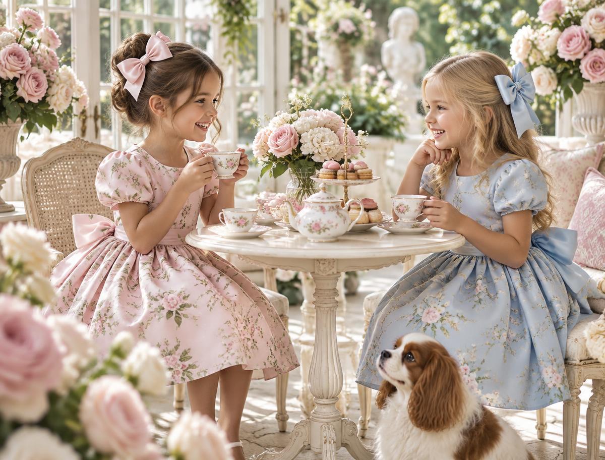 Two girls enjoying a tea party in floral dresses